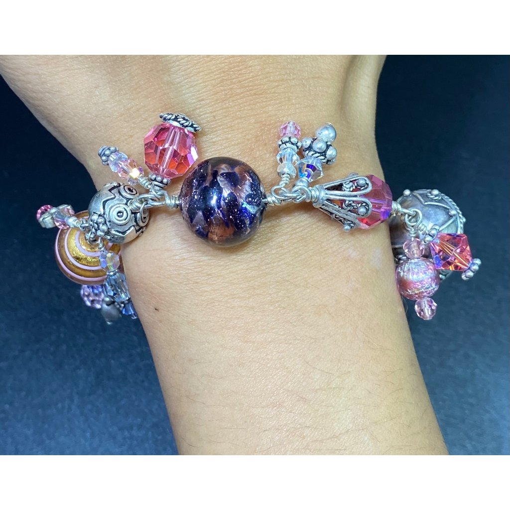 Sterling Silver Art Glass Bracelet Round Beaded Toggle Crystal 8 Inches